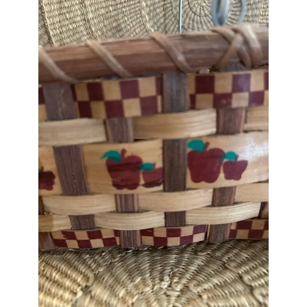 Vintage Woven Basket with Apple Design & Wooden Handle